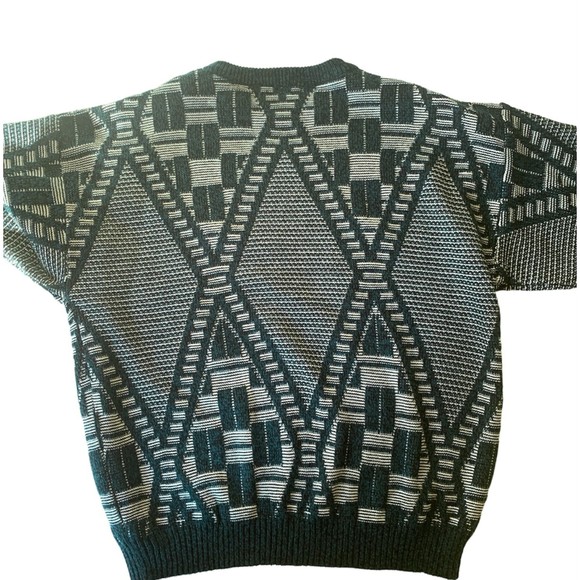 Urban Works Vintage Men’s Grandpa Sweater Real Leather Trim Teal/White Sz L - Picture 2 of 8